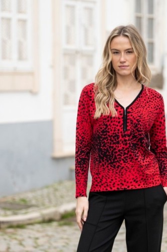 Marble-Front-Zip-Animal-print-Jumper-in-Red